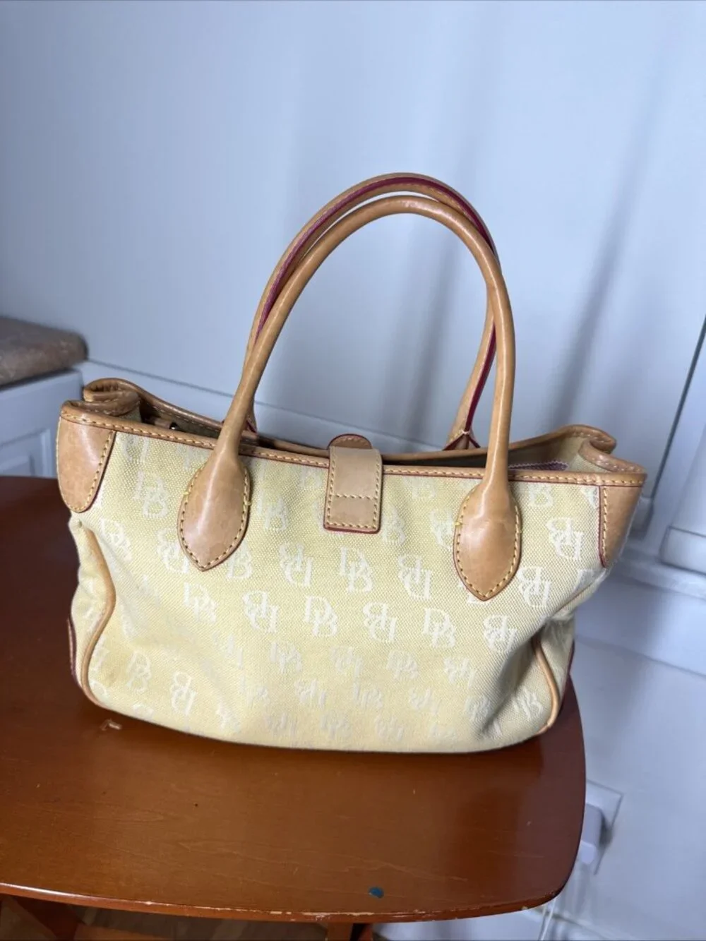 Dooney & Bourke Yellow/Cream DB Small Double Handle Tote Very Nice Leather Purse